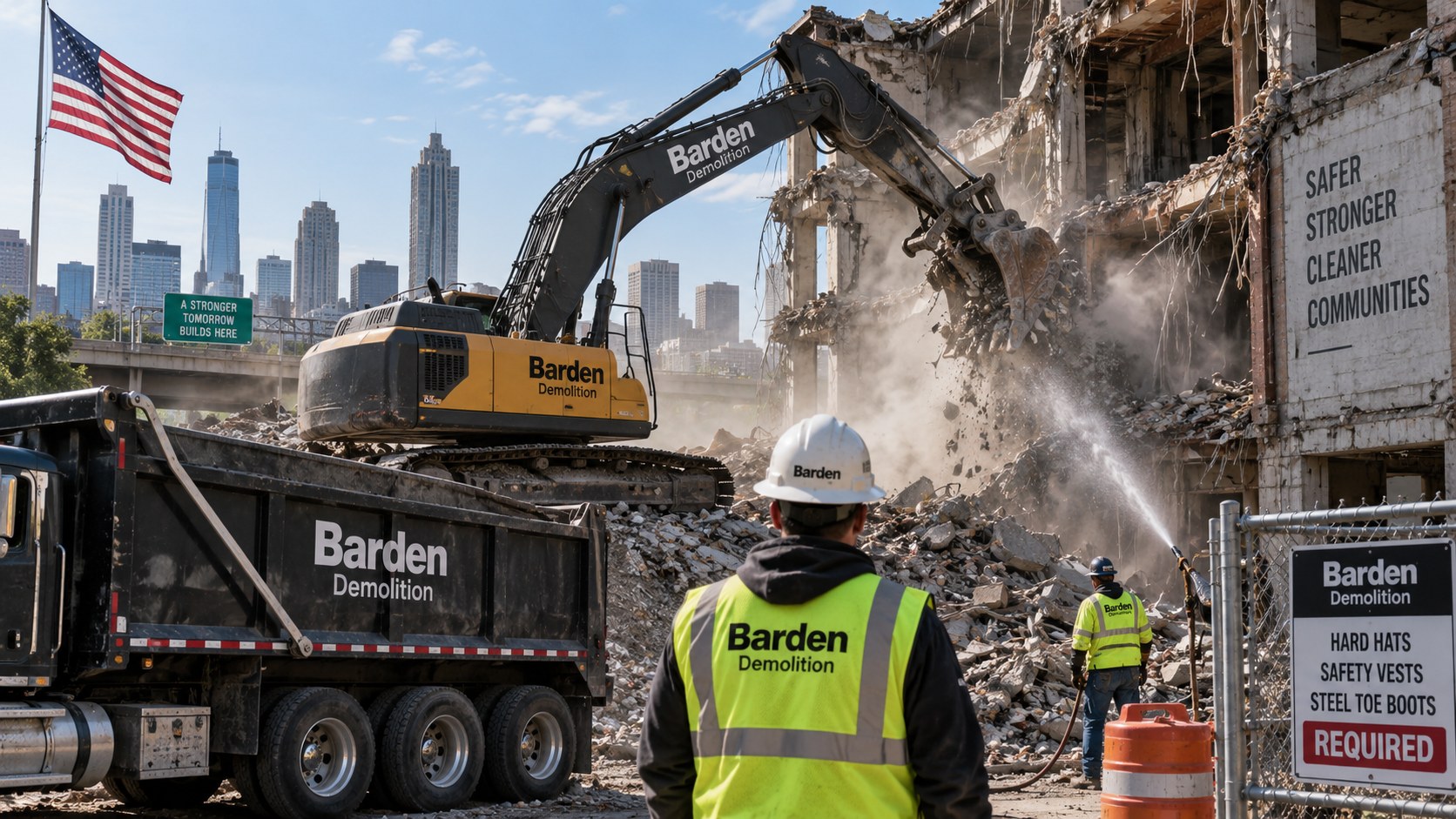 Barden Demolition excavator and dump truck on an American-style demolition jobsite