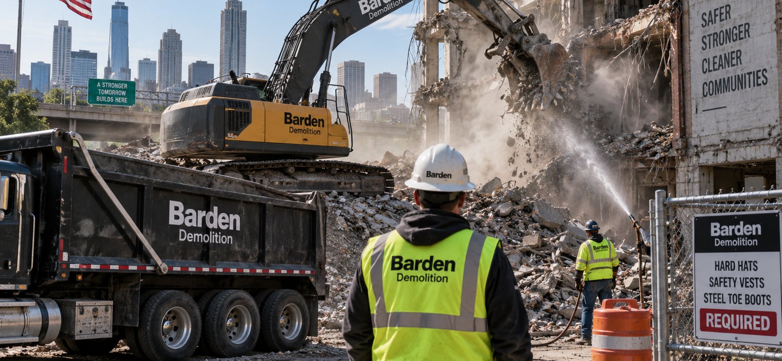 Barden-branded dump truck at demolition site